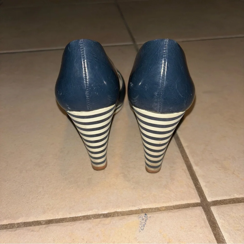 Michael Kors Rochelle Navy Blue Leather Peep Toe Striped Wedge Heel